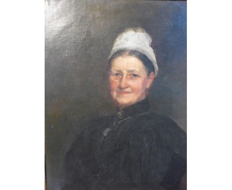 19th century British School, portrait of a lady, oil on canvas, labels to verso, H.65cm W.51cm 
