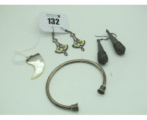 A Pair of Art Nouveau Style Enamel Drop Earrings, stamped "925"; together with a pair of Victorian style drop earrings, a mot