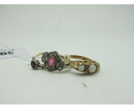 A 9ct Gold Opal Three Stone Ring, of Victorian style (finger size P1/2) (3.8grams); Together with A Vintage Cluster Dress Rin