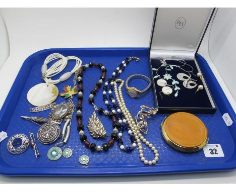 Blue John Inset and Other Brooches, (stamped "Silver" / "925"), together with an enamel maple leaf brooch, bead necklaces, po