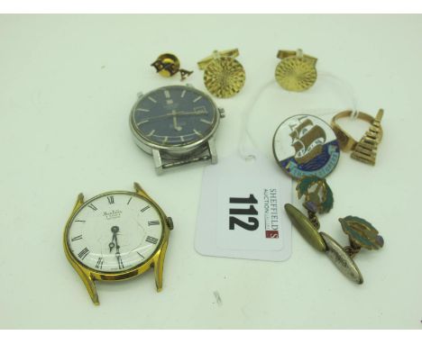 A Signet Style Ring, initialled "EK", gent's cufflinks, gent's Tissot and Bentima wristwatch heads (no straps), 'The Venturer