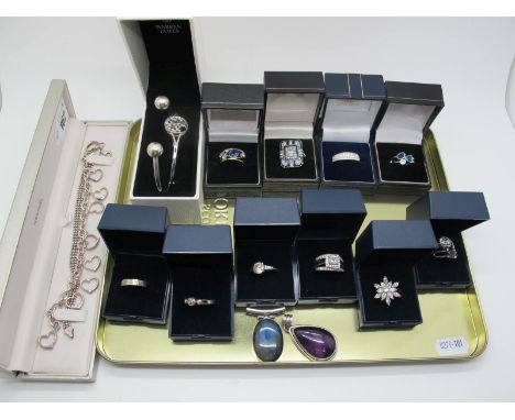 A Collection of Modern "925" and Other Dress Rings, including diamanté clusters, etc (sizes noted L, P), a charm style bracel