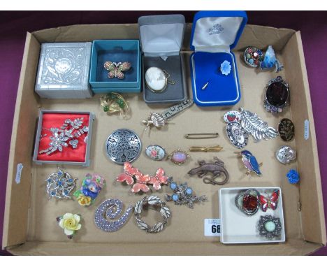 Assorted Costume Brooches, including oval shell carved cameo brooch, depicting female profile, 'Miracle', St.Justin pewter, J