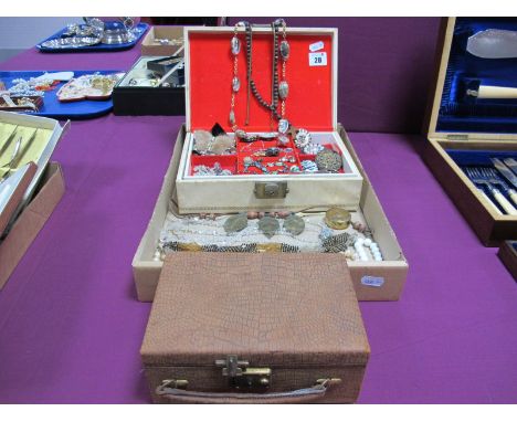 Vintage and Modern Costume Jewellery, brooches, necklaces, watch ring, sewing scissors, imitation pearls, brass rouge pot, vi
