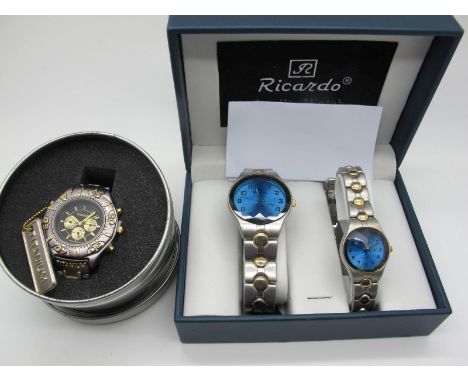A Ricardo Ladies and Gent's Matching Wristwatch Set, in box, together with a gent's titanium wristwatch, in tin.