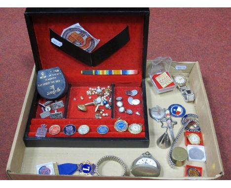 Cufflinks, badges and medallion pendants, military ribbon bar, studs box, Ingersoll vintage gent's wristwatch, 1953 Coronatio