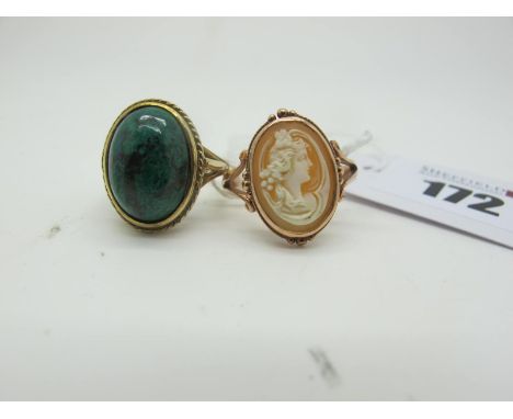 A 9ct Gold Single Stone Ring, oval cabochon set (finger size O); Together with A Chester Hallmarked 9ct Gold Oval Cameo Ring,