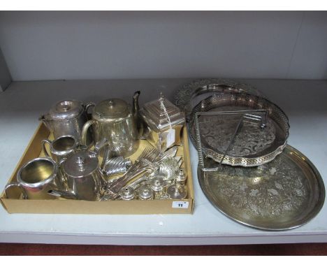 A Pair of Small Hallmarked Silver Forks, decorative plated fish knives and forks, plated trays, hotel tea  ware, a Continenta