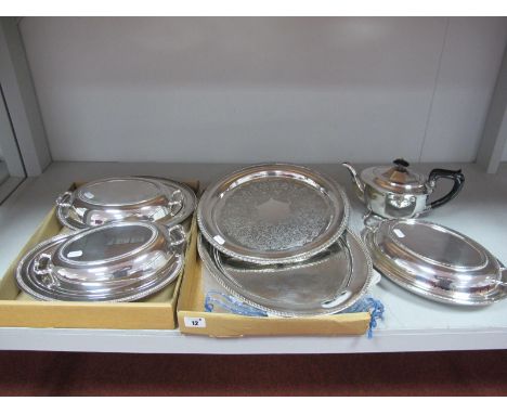 A Pair of Modern Plated Oval Lidded Entree Dishes, together with a further entree dish, a plated teapot, oval tray with engin