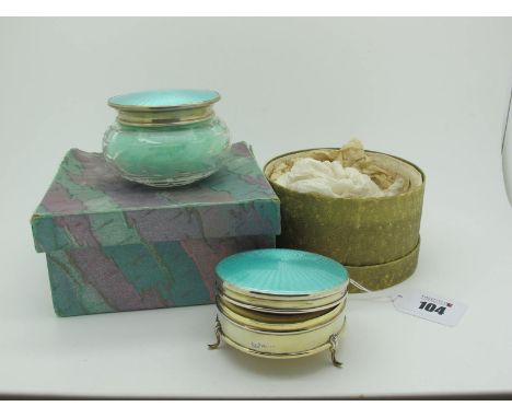 A Hallmarked Silver and Turquoise Enamel Lidded Trinket Box, Alexander Clark, Birmingham 1930, of circular form, with hinged 
