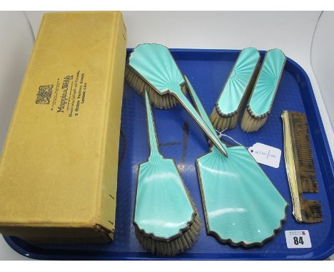 A Hallmarked Silver Backed and Turquoise Enamel Five Piece Dressing Table Set, Mappin &amp; Webb, Birmingham 1930, with a car