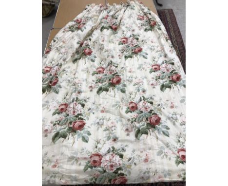 Three Colefax & Fowler Jubilee Rose glazed cotton red and green floral decorated interlined curtains with taped triple pencil