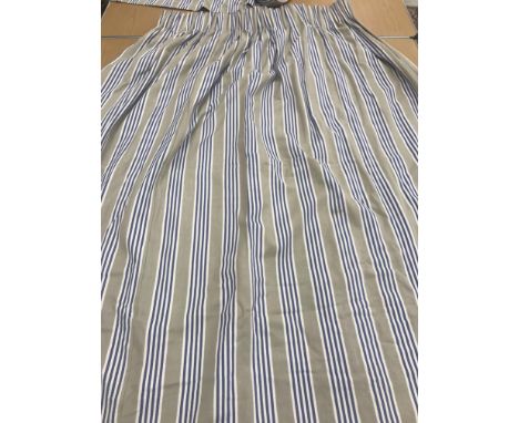 Four pairs of cotton ticking blue, cream and beige striped lined curtains with taped pencil pleat headings, one pair 190 cm d