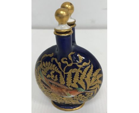 A 19th Century Coalport double necked moon flask scent bottle, the main body decorated in coloured enamels with humming birds