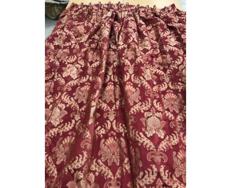 One pair of silk damask red foliate patterned interlined curtains with fixed triple pencil pleat headings 240 cm drop x 190 c