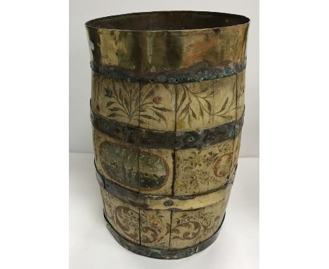 An early 20th Century Scandinavian type painted coopered barrel as an umbrella / stick stand, together with assorted vintage 