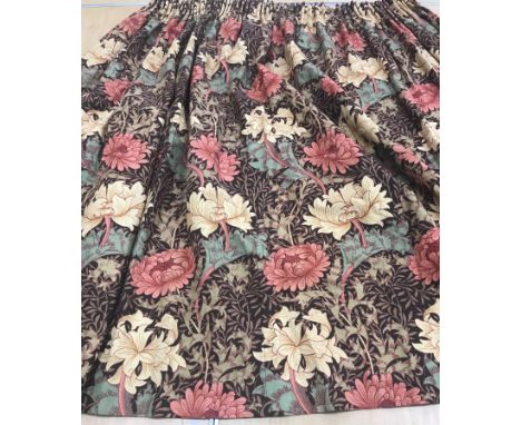 A pair of William Morris for Sanderson "Chrysanthemum" linen type lined curtains with tape pencil pleat headings 124 cm drop 