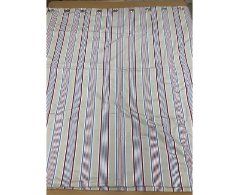 One pair of blue, red, white and beige striped interlined (with black out fabric) cotton curtains with eyelet headings, 205 c