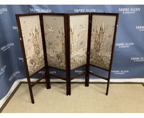 An Edwardian mahogany framed adjustable screen decorated with fabric covered panels in the Chinese taste with either embroide