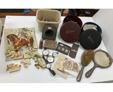 A box of sundries to include three various pocket watches, wristwatch, two collar boxes (one containing collars, the other co