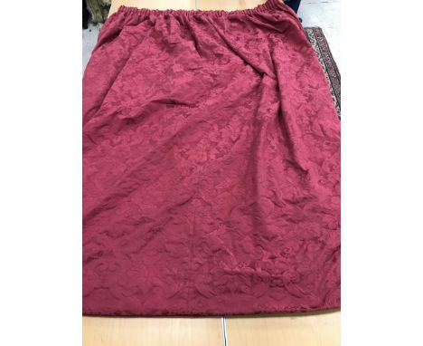 One pair of damask type burgundy ground foliate decorated interlined curtains with taped pencil pleat headings 237 cm drop x 