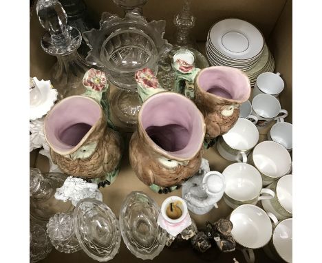 Two boxes of assorted china and glass to include a graduated set of Majolica jugs as owls, a collection of Royal Doulton "Son