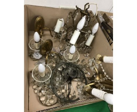 A brass and glass lustre hanging lamp, a pair of brass and lustre wall lights, bag light, etc.