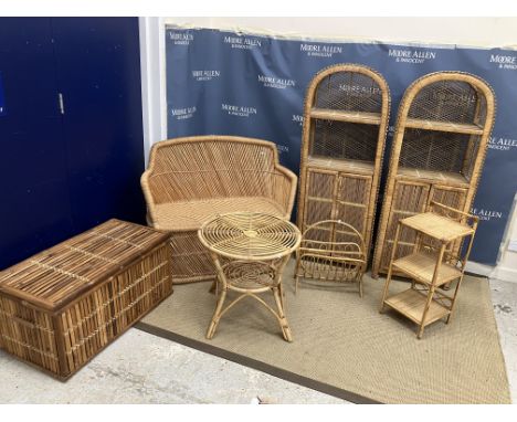 A collection of modern bamboo/raffia conservatory furniture including two dome top display stands/cupboards, small two seat s