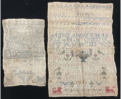 A Victorian sampler by "Jane Andean Age 10, dated 1861", together with an early 19th Century sampler dated "1825" "By Ann Vis