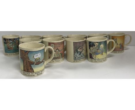 A collection of eleven Poole pottery mugs by Glen Baxter, each depicting humorous cartoons / sketches, some duplicates