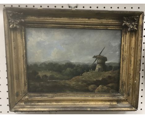 19TH CENTURY ENGLISH SCHOOL “Windmill with figures” a landscape unfolding in the background with sheep in the distance, oil o