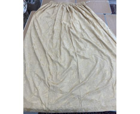 Two pairs of plain gold silk interlined curtains with fixed triple pencil pleat headings 222 cm drop x 170 cm wide at bottom 