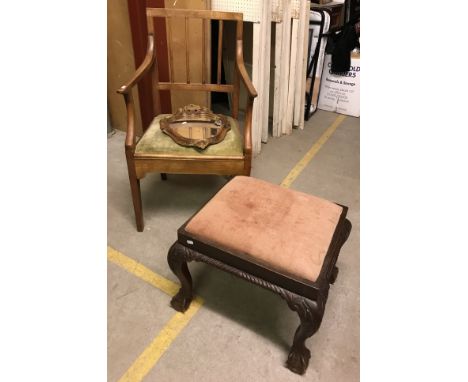 A circa 1900 walnut framed dressing stool in the early Georgian manner on shell carved cabriole legs to claw and ball feet 55