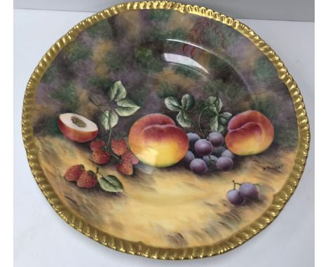 A Studio D.R.B Devon English fine china cabinet plate decorated with peaches, grapes and strawberries on a mossy bank by Davi