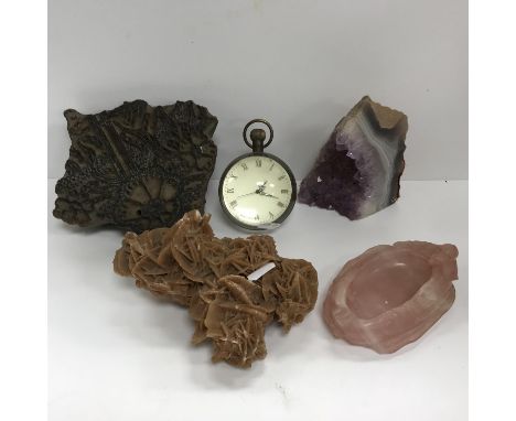 Two boxes of sundry items to include two pewter tankards, an amethyst geode section, a collection of keys, an Indian printing