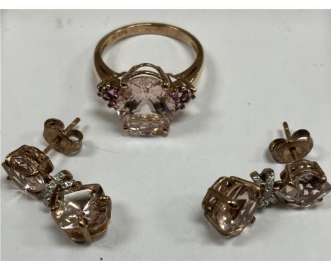 A 9 carat pink gold and morganite set dress ring size K together with a pair of matching drop earrings 5.4 g over all