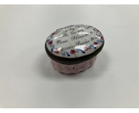 A Georgian Bilston type enamel patch box, the lid inscribed "This day by day shall be my care your pleasures & your pains to 