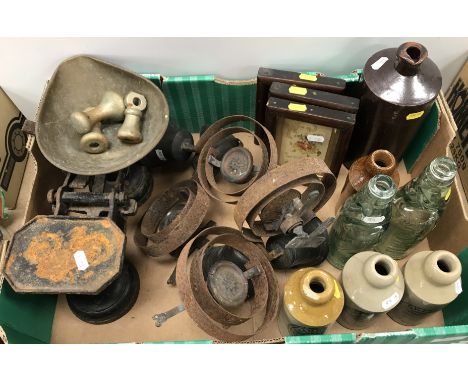 A collection of various sundry bygones including two lemonade bottles "R. White" and "Barrett & Collis Ltd", two Sucklings st