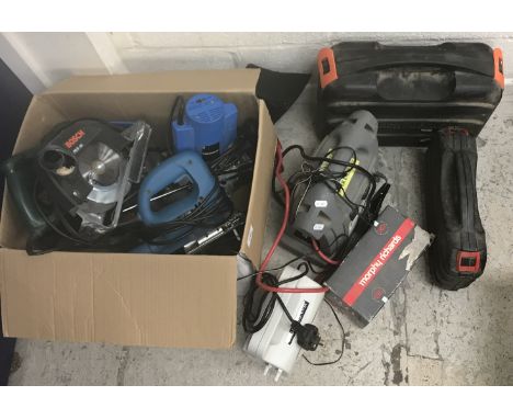 A collection of electrical hand tools to include a Powerbase router model No. 873980, a Powerbase jigsaw No. 714524, a Bosch 