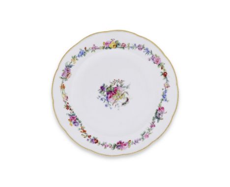 A Sèvres plate, dated 1770Painted by Bertrand with a bouquet of flowers and fruit in the well, the rim with a garland of flow