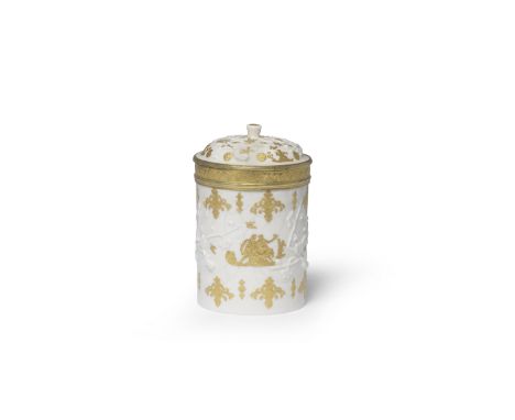 A rare Saint-Cloud ormolu-mounted tobacco jar and cover with gold Paillon decoration, circa 1710-30Of cylindrical form with a