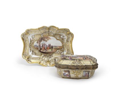 A very rare Meissen gilt-metal-mounted shaped rectangular bombé casket with cover and tray, circa 1740-45Finely painted with 