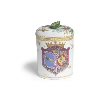 A Cozzi armorial tobacco jar and cover, circa 1765-70The front painted with the accollé arms of Erizzo and Bentivoglio below 
