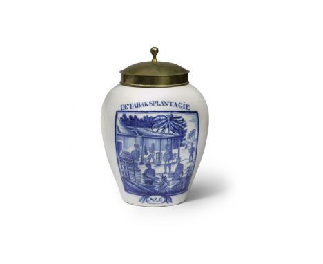 A Dutch Delftware tobacco jar and brass cover, De Drie Klokken (The Three Bells) factory, second half 18th centuryOf ovoid fo