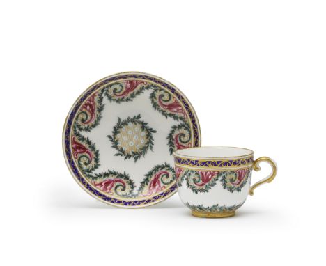 A Sèvres miniature cup and saucer (gobelet 'Bouillard' et soucoupe), dated 1770Of the fourth size, painted by Pierre-Antoine 