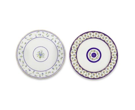 Two Sèvres plates, dated 1791 and 1792One painted by Mlle Reselle with scattered cornflowers and blue line bands with gilt da