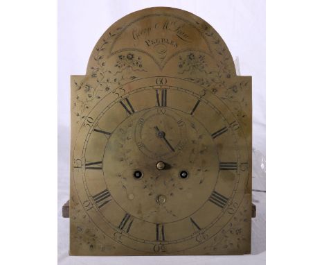George III longcase clock movement and brass dial, maker George McLean of Peebles, with date aperture, 42cm x 31cm.