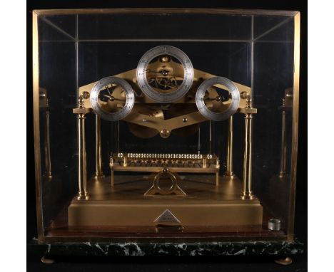 Dent of London brass congreve rolling ball clock, no 148, dated 1974, on a marble plinth, 45cm x 49cm. presented to Ronald Da