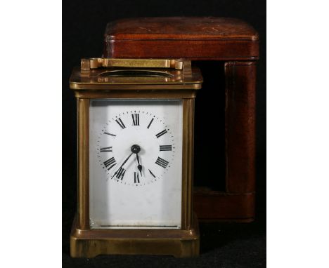 French brass carriage clock, with leather case, lion stamp to movement, 13cm.