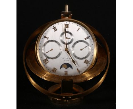 Jean Roulet brass moon-phase calendar, timezone and zodiac clock, 20cm.